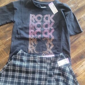 Black Graphic Tee and Plaid Skirt Set